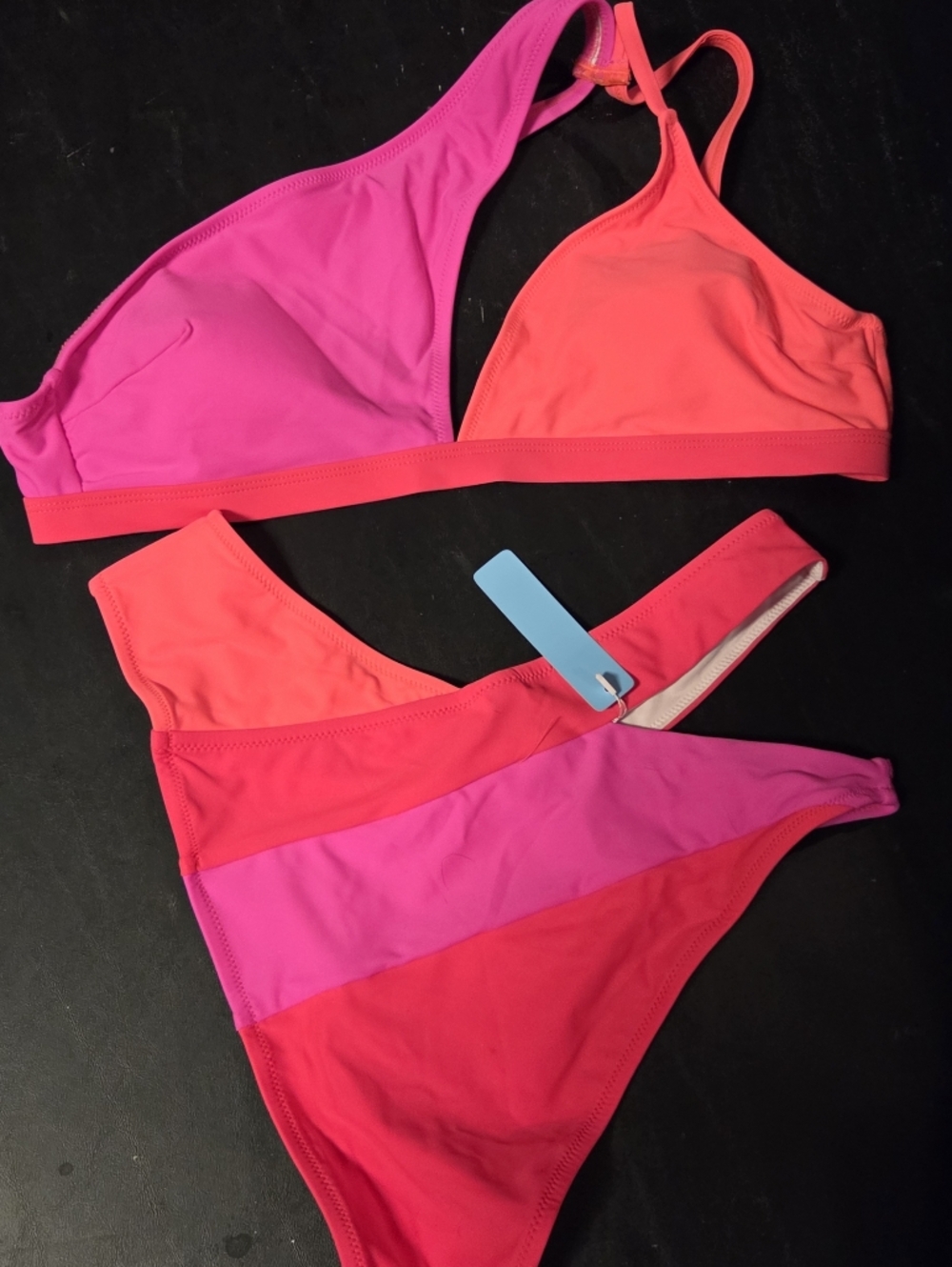 Colorblock Pink & Coral Women’s Triangle Bikini Set - Picture 2 of 7